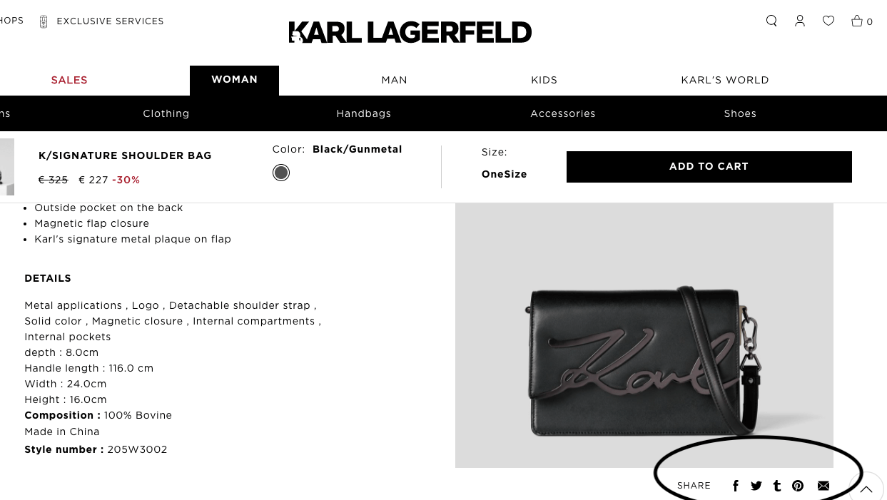 Karl Lagerfeld product image on website with social sharing buttons circled