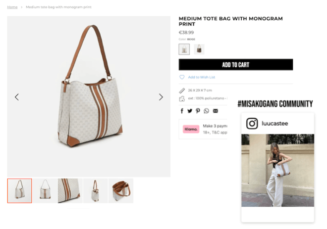 Handbag product page with User Generated Content